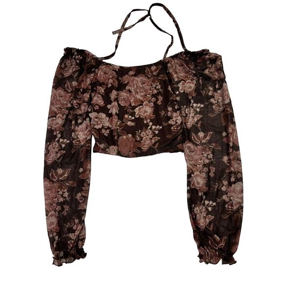 Dylan Ryan Blouse Top Women M Brown Ruched Bustier Sheer Floral Fairy - Picture 4 of 14